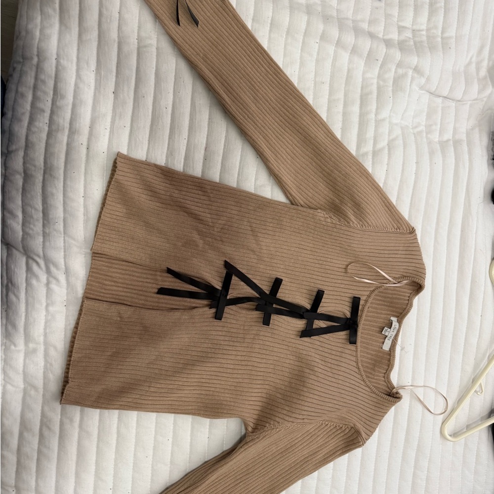 Tan Ribbed Sweater with Black Lace-Up Detail